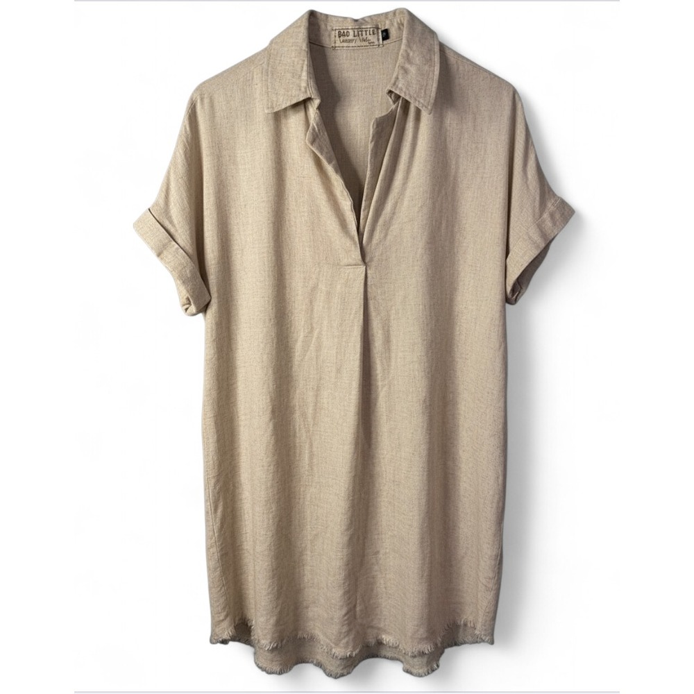 BAD LITTLE COUNTRY GIRL TINA Oatmeal Beige Linen Blend SHIRT DRESS Fray Hem 2X